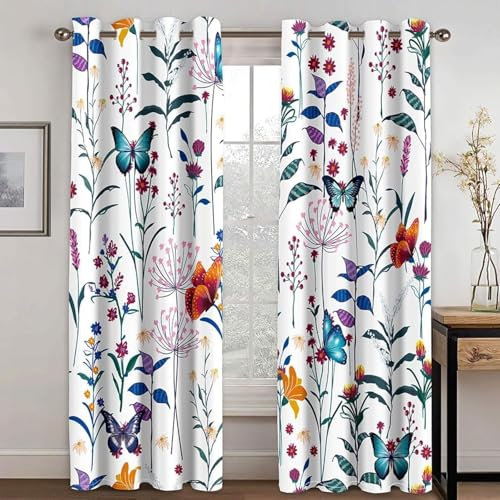 YZQGLHP Gardinen Schmetterling Vorhänge Blumen und Gras Verdunklungsvorhänge Schiebe Schallschutz Polyester Vorhang mit Ösen für Schlafzimmer Wohnzimmer H220 x B140 cm 2er Set