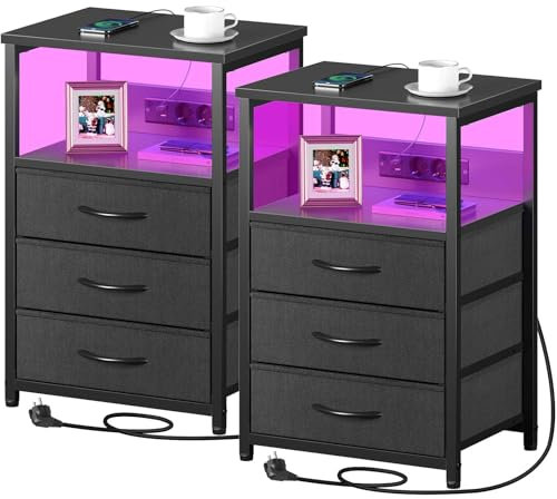 Rolanstar Nachttisch mit Ladefunktion & LED, 2er-Set Sofatisch mit 3 Stoffschubladen, USB-Anschlüssen & Steckdosen, Beistelltische für Wohnzimmer, Schlafzimmer, 40 x 30 x 60 cm