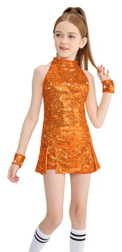 LOLANTA Costume da Ballo per Ragazze con Paillettes Costume da Ballo Hip-Hop Abbigliamento da Ballo per Bambini, Arancione, 8-9 Anni, 140