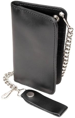 Milwaukee Leather MLW7894 Men's 7 Leather Bi-Fold Biker Wallet w/Multiple Storage and Swivel Trigger Clip Anti-Theft Stainless Steel Chain - 7 Inch, Black, 7