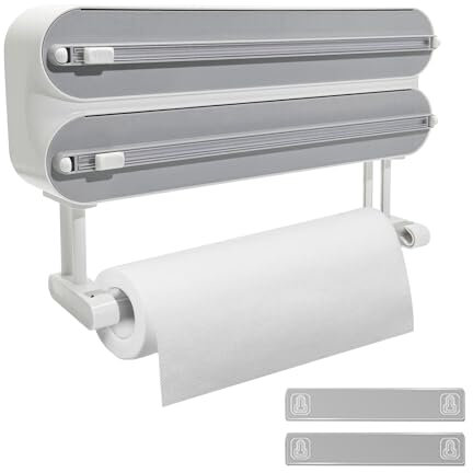 Sejrutx wandrollenhalter küche3-in-1 Aufgerüsteter magnetischer Saugnapf Folienspender,frischhaltefolienspender mit küchenrollen Halter, A Rolle 50M Plastikfolie,weiß