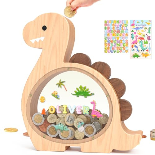 summidate Wooden Dinosaur Piggy Bank MoneyBox with Personalised DIY Letter | Reusable Dino Savings Bank for Children, Educational Money Box for Kids, Birthday Christmas Gift and Nursery Room Decoration