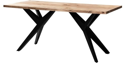 FineBuy Schreibtisch 180 cm Akazie Massivholz mit Metallbeinen | Computertisch im Loft Style fürs Homeoffice, Bürotisch aus Echtholz, handgefertigtes Unikat, Arbeitstisch groß