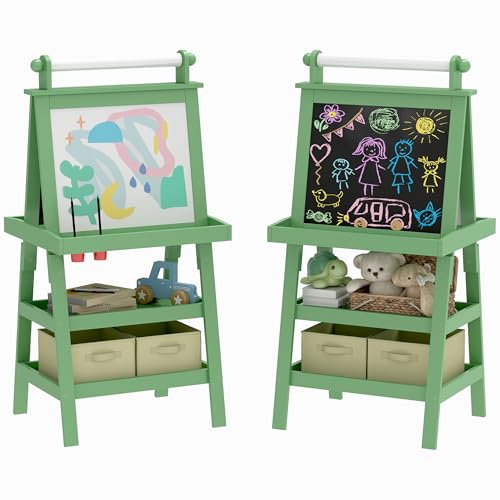 AIYAPLAY Kinder Flipchart 3 in 1 Doppelseitige Kindertafel mit weißer und schwarzer Magnettafel - Papierrolle + 2 integrierte Aufbewahrungskörbe - 3-6 Jahre aus grünem Holz