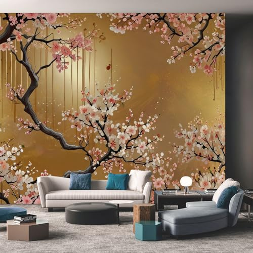 NOGAWA Papier Peint Motif Fleurs de Cerisier Japonais, 3D Panoramique Papier Peint xxl Doré Asiatique, Papier Mural Decoratif Pour Salon, Chambre, Tapisserie Murales, Décoration Murale 350x256cm