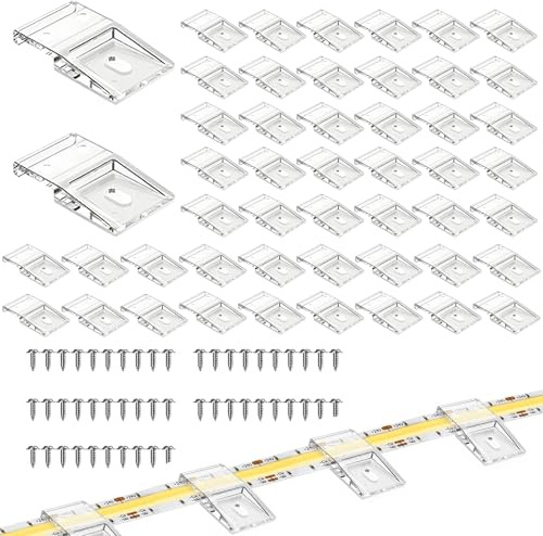 YAEGIMHT 50 Pcs Led Streifen Halterung, Led Strip Clips, mit Schrauben, Transparente, Selbstklebend, Doppelte Fixierung für 10MM LED Streifen
