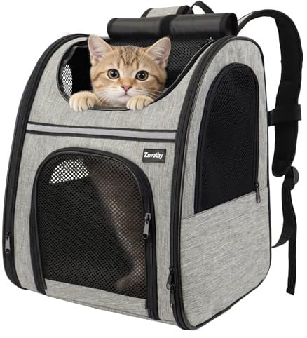 Zavothy Zaino per Cani e Gatti, Zainetto Trasportino Portatile e Pieghevole, con Finestra a Rete e Supporto Imbottito per la Schiena, Traspirante, Carico Massimo 8kg (Grigio)