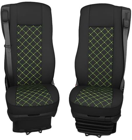 Generisch LKW Sitzbezüge für DAF XG XG+ XF 106 CF LF Schwarz mit neongrünen Nähten - Kunstleder Schonbezüge für Fahrersitz und Beifahrersitz - passend für klappbaren oder luftgefederten Beifahrersitz