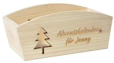 CHICCIE Geschenkkorb Personalisierbar Tanne Wunschtext 24x13x8cm Abgerundet Präsentkorb Holz Geschenkidee Holzkiste Weihnachten Weihnachtsbaum Adventskalender
