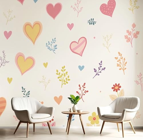 Fototapete Schlafzimmer Niedlich Herz Wildblumen 3D Druck Vliestapete, 352x250cm (B×H) Wandtapete Wandbilder, für Wohnzimmer, Kinderzimmer, TV Hintergrund Beige Tapete