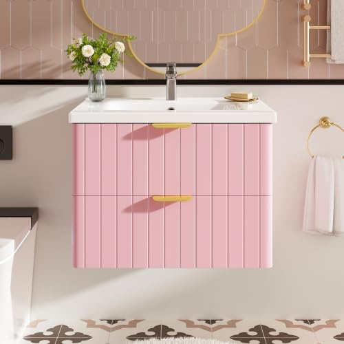 muenfly Armario de lavabo colgante con lavabo de 60 cm, color rosa, resistente a la humedad y a la suciedad, ideal para baños pequeños, ahorra espacio y es funcional
