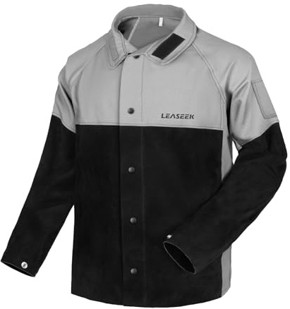 LeaSeek Schweißerjacke mit Lederärmeln,Flammhemmende Arbeitsjacke Feuerfest | Schweißjacke, Flammhemmende Baumwolle& Leder, Verstellbarer Kragen, für Schweißen & Elektriker,Grau und Schwarz,Größe S-4XL