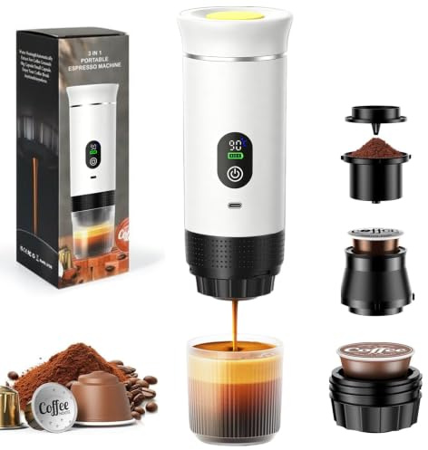 NICEWAT Mini cafetera de viaje 3 en 1 portátil con batería, máquina de café de viaje para coche, máquina de café espresso compatible con cápsulas y café molido para senderismo, oficina, autocaravana