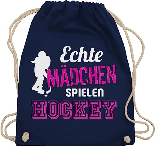 Turnbeutel Rucksack - Eishockey - Echte Mädchen spielen Hockey - Unisize - Navy Blau - kinderturnbeutel icehockey geschenk feldhockey stoffbeutel sport tasche kinder eishockey-fanartikel echt
