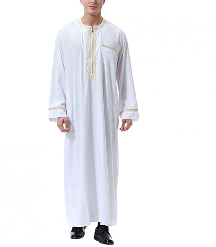 BeerMmay Herren Muslim Druck Kaftan Islamisch Royalty Dubai Robe O-Ausschnitt Lange Ärmel Retro Tuniken Abaya Lose Kandoura,Weiß,S