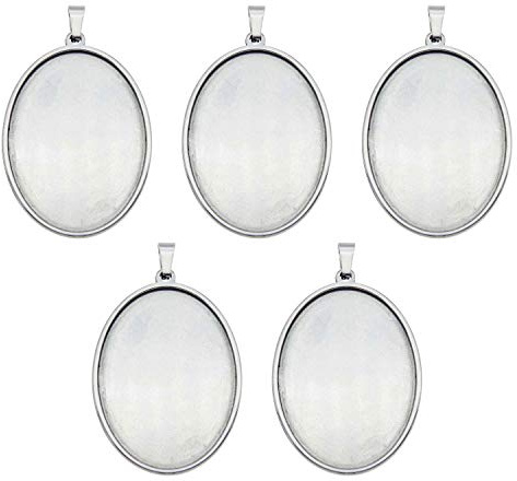 Julie Wang Pack of (x5) Silver Stainless Steel Base Settings Oval Shaped Inner 40x30mm Blank Bezel Frames Fit Cameo Cabochons Images Pictures Pendant Trays Jewellery Making Accessories