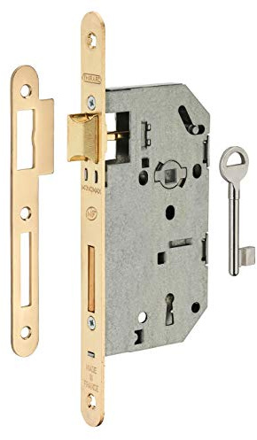 THIRARD - Einsteckschloss Monomax NF mit Schlüssel für Schlafzimmertür - 50mm Dornmaß - Runde Stulpe - Messing-Frontplatte - Stahlblechgehäuse - 2-Wege-Mechanismus - 1 Schlüssel - Gelb/Gold