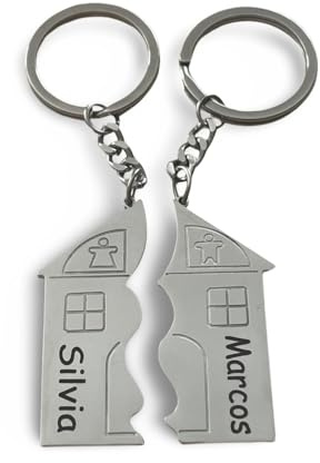 regalo grabado 2 Llaveros Casa Partida Parejas Metal Mate Grabados 2 Caras | Set 2 llaveros casa partida metal mate grabados a 2 caras con nombres y texto, incluye bolsa de antelina para regalo