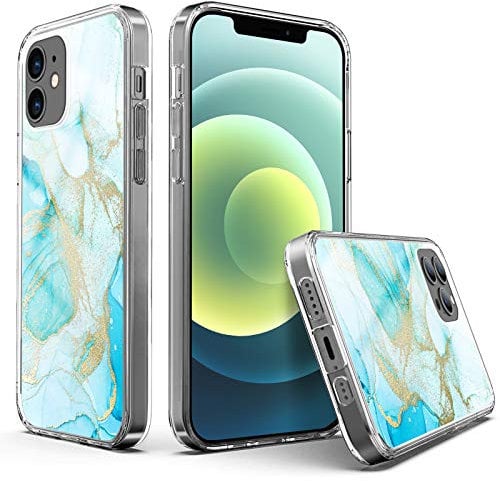 Bosdeny Marble &Golden Powder Case Compatible with iPhone 12,Compatible with iPhone 12 Pro, Clear Slim Soft TPU Silicone Bumper - Lt Blue Marble