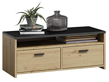 MATKAM Fernsehkommode Mili H44xB100xT45cm, laminierte Möbelplatte 18 mm, EIN offenes Regalfach, darunter 2 Ablagen mit Türen Links und rechts, Metallscharniere, satinierte Griffe (Artisan Eiche)