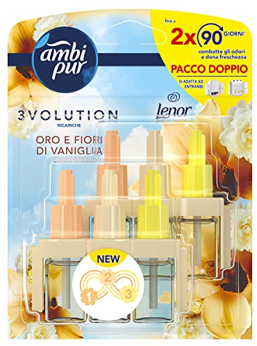 Ambi Pur 3Volution Profumatore per Ambienti, 2 Ricariche per Diffurore Elettrico, Fragranza Oro e Fiori di Vaniglia, tecnologia Elimina Odori, Fino a 90 Giorni di Profumo per Ricarica