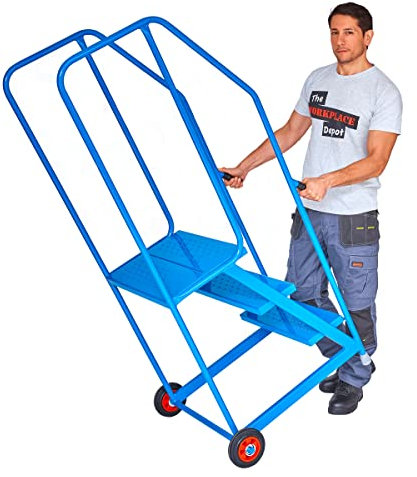 The Workplace Depot Mobile Warehouse Steps on Wheels, Safety Access Ladder With Platform and Handrail (3 Tread) Blue
