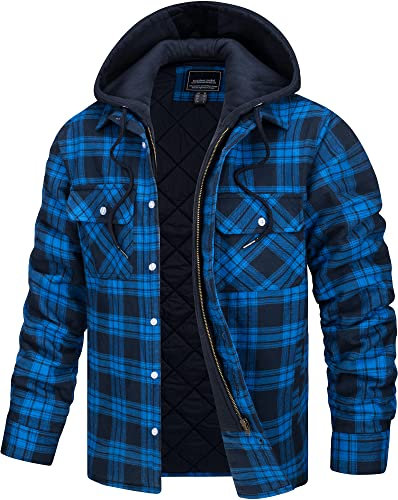 TACVASEN Herren Freizeithemden Innenfutter Flanell Hemdjakce Winter Kapuzenpullover Gesteppte Hooded Holzfällerjacke, Blau, L