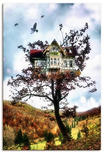 ARTLAND Wanddeko Leinwand Bilder Wandbild 40x60 cm Fantasy Märchen Landschaften Baumhaus Zauber U3YH