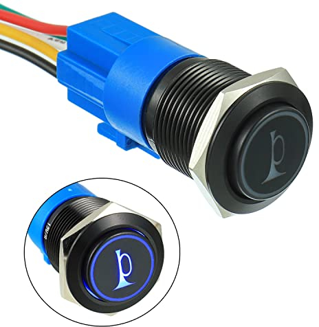 EPLZON 19MM 12V Autohupe Momentan Taste Blau LED Beleuchtet Momentan Metall Lautsprecher Hupe Kippschalter mit Steckdose Stecker Draht (Packung mit 1 Stück Blau)
