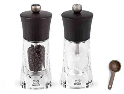 Peugeot - Oleron Manual Mill Salt & Pepper Mill- Transparent Adjustable Grinder - Acrylic and Beechwood, Chocolate, 5.5 Inches - With Wooden Spice Scoop Spoon