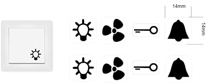 generic Schalter Aufkleber 8 Stück Symbole mit 2 Glocken, 2 Licht, 2 Ventilator und 2 Schlüssel Aufkleber (RP33) (14mm) auf transparentem Film