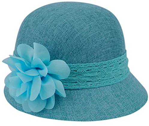 Damen Gatsby Leinen Cloche Hut mit Spitzenband und Blume, Cl2265 Blaugrün, Einheitsgröße