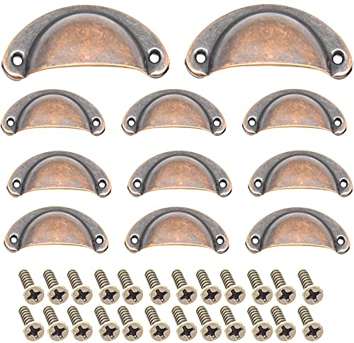 Ruidee 12 Picecs Shell Cup Handles Vintage Half Moon Drawer Pull Handle with Screws for Cabinet Cupboard Dresser Wardrobe Drawer (Red Bronze)