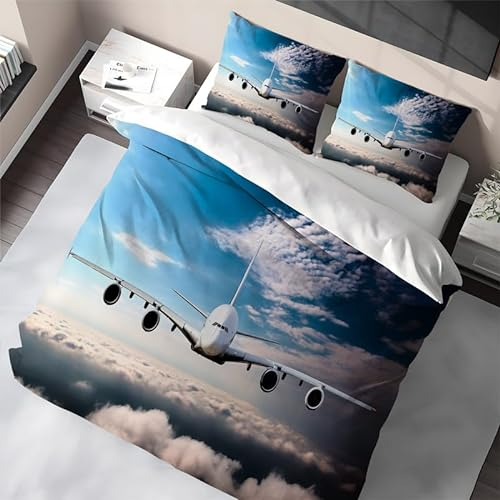 Flugzeug Kinderbettwäsche 100x135 3 Teiliges Set Kuschel Baby Bettwäsche Mikrofaser Bettbezug mit Reißverschluss Deckenbezug Geeignet für Jungen Mädchen(1 Bettbezug + 2 Kissenbezug 40x60)