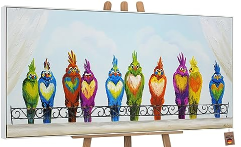 YS-Art Acrylbilder auf Leinwand handgemalt lustige Vögel moderne Bilder fürs Wohnzimmer leuchtend bunt Wohndekor Bilder Büro echte Kunst mit Rahmen 140x70 cm