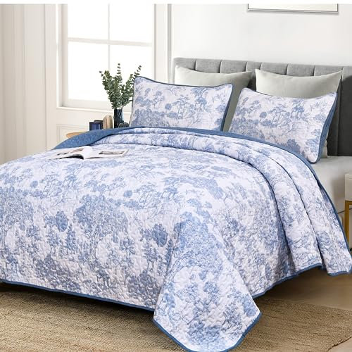 WONGS BEDDING Blue Quilt Set King Size, 3 Pieces Botanical Bedspreads Set Lightweight Microfiber Blue Plants Pattern Coverlet Home Decor for All Seasons(104×90)