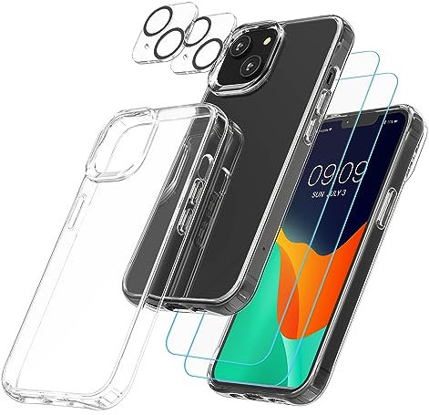 kwmobile Set 5en1 antigolpes Compatible con Apple iPhone 13 Mini Funda - Kit 1x Funda Transparente 2X Protector de Pantalla de Vidrio Templado y 2X Protector Camara