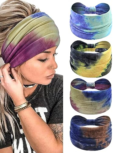 Kavya Bandeau Cheveux 4 Pcs 7'' Extra Large Serre Tête Élastique Bandana Yoga Sport Foulard Femme Multicolore Headband Accessoire Cheveux (Tie-dye)