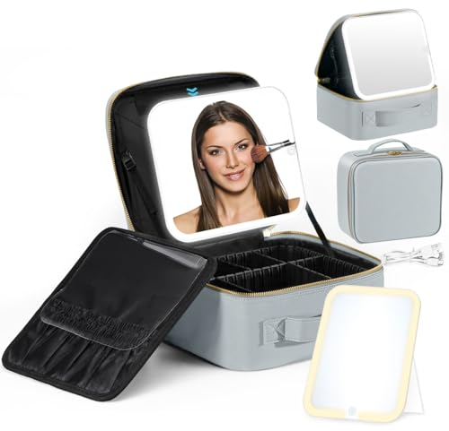 Luxspire Travel Makeup Bag Vanity Case with LED Mirror, Cosmetic Case with 3 Lighting Modes Cosmetic Organiser Bag Make up Train Case Storage Bag Vanity Case for Women Makeup Tools Brush, Dusty Blue