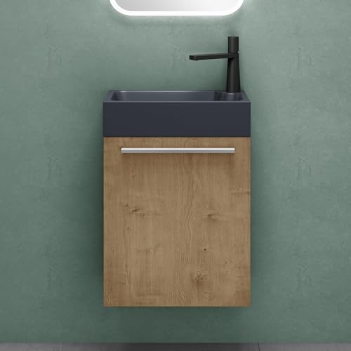 Mai & Mai Waschtisch mit Unterschrank BxTxH 46x26x63 cm | Badmöbelset für Gäste WC, Waschbeckenunterschrank in Kerneiche und Waschbecken Anthrazit matt Pisa