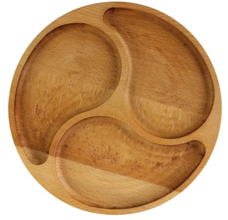 4BIG.fun Plateau de service en bois naturel de 25 cm de diamètre 3 compartiments divisés, assiette de service entrées, fromages et collations, plateau en bois viande et fromage, plateau à