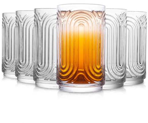 INSETLAN Trinkgläser Set Art Deco | 415ml (14 oz) 6er Set Highball Gläser | Cocktailgläser mit dickem Boden | Für Eiskaffee, Wasser, Cocktails | Longdrinkgläser, Kaffeegläser | Spülmaschinenfest