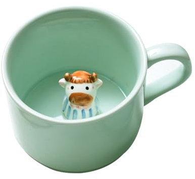 soulnioi Cute Green Mug 3D Animal Ceramic Coffee Tea Cup with Handle, Handmade Animal Figurine 230ml Ceramics Cup for Coffee,Tea,Milk, Gift for Birthdays/Graduation/Valentines/Weddings (Cow)