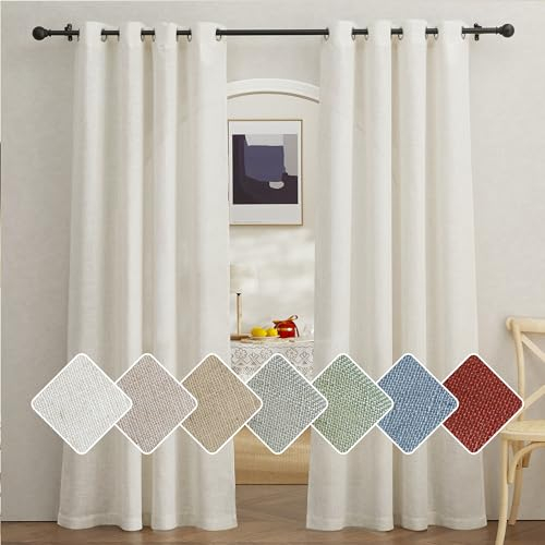 PONY DANCE Leinen Gardinen mit Ösen Wohnzimmer Vorhänge Creme Halbtransparent Ösenschal 2er Set H 220 x B 140 cm Leinenoptik Vorhang Boho Style Linen Curtains for Living Room