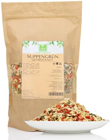 Suppengrün 500g Suppenkräuter getrocknet Gemüsemischung von Green Essence | Suppengemüse ,Getrocknetes Gemüse, kleine Würfel ohne Salz, zu Suppen, Eintöpfen, Gemüsepfannen, Suppengewürz