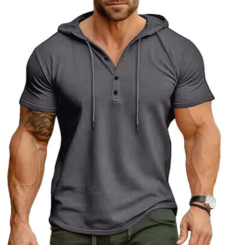 Ophestin Men's Short Sleeve Hoodie Casual T Shirts Fashion Athletic Hoodies Button Sweatshirt Grey 2XL