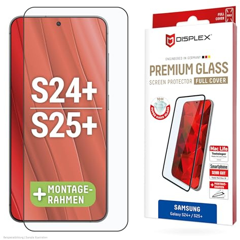Schutzglas für Galaxy S25+, S24+ (10H), Edge-to-Edge, Eco-Montagerahmen | DISPLEX Premium Glass, maximale Abdeckung, schwarzer Rand, 10H Panzerglas, Bruchschutz, kratzfest, kristallklar, Anti-Shock