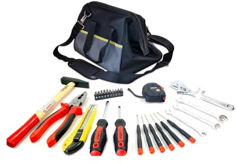 Avilia Bolsa portaherramientas con accesorios, ideal para electricistas e fontaneros – Kit completo con 27 piezas incluidas, pinzas, martillo y destornilladores