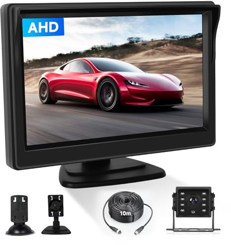 Hodozzy Caméra de Recul pour Voiture Filaire 5 Pouces écran Camera IP68 étanche Vision Nocturne Caméra avec HD Moniteur Kit Caméra de Recul avec Câble 12V 24V pour Véhicule, Camion, Camping-Car
