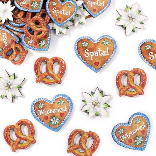 BETESSIN Oktoberfest Deko - 60 Stück Oktoberfest Konfetti mit Lebkuchenherzen, Brezeln und Edelweiss Mustern - Bayrische Streudeko aus Holz - Tischdekoration für Oktoberfest und Bierfest